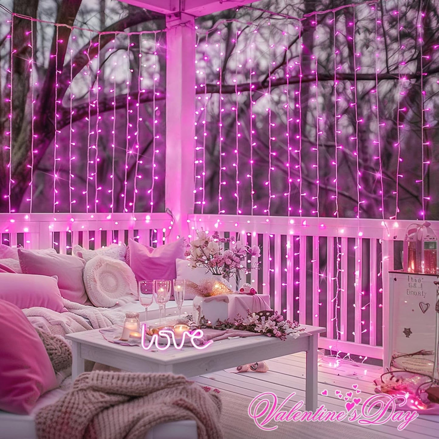 300 LED Curtain Lights Plug in with Remote, 9.8X9.8FT Pink Christmas Lights Indoor, 8 Modes Pink String Lights for Bedroom Window Wall Party Backdrop Xmas Valentine Decorations
