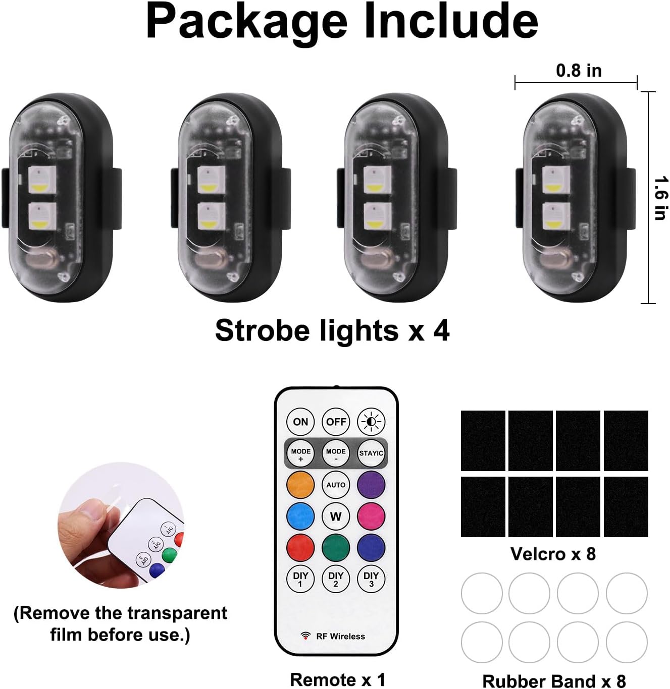 4PCS Wireless LED Strobe Lights with Remote Control, 8 Colors USB Charing Waterproof Anti-Collision Led Emergency Warning Lights for Car Motorcycle Drone Aircraft Bike