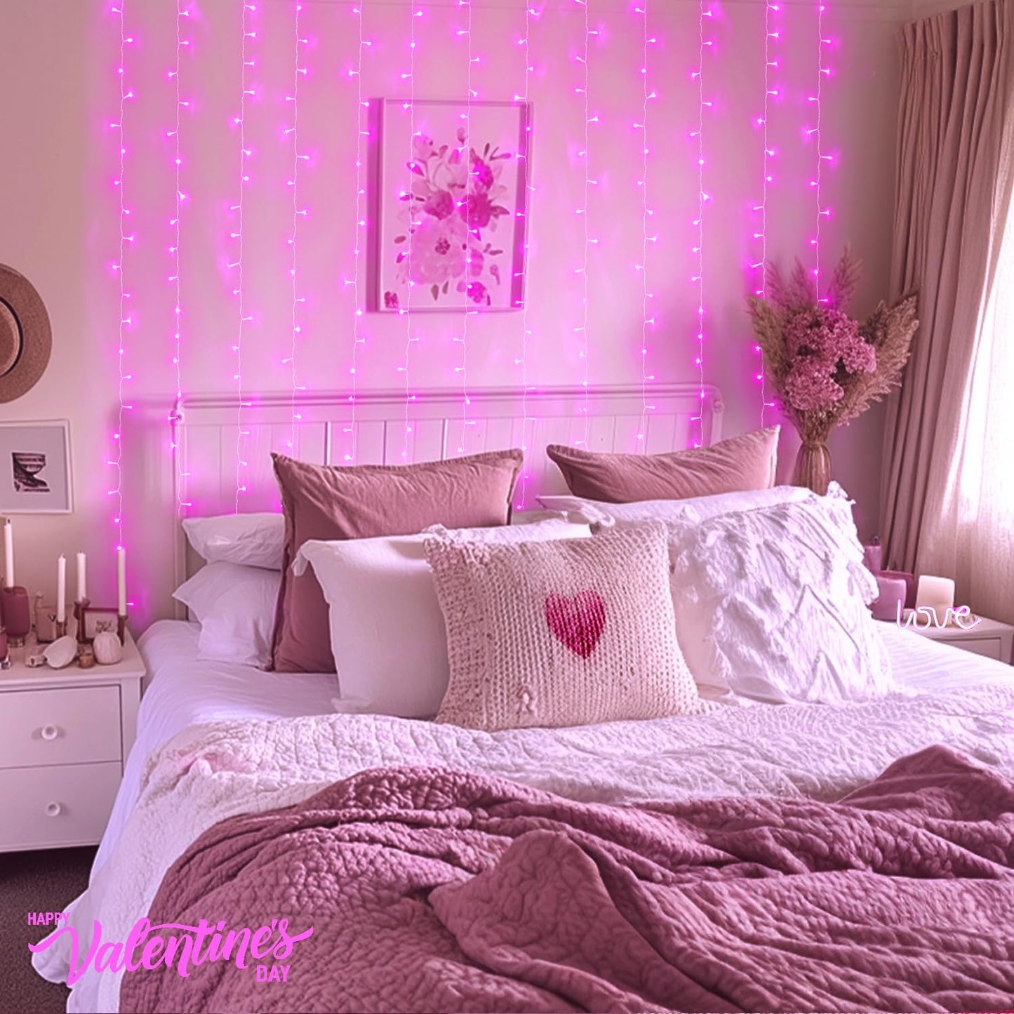 300 LED Curtain Lights Plug in with Remote, 9.8X9.8FT Pink Christmas Lights Indoor, 8 Modes Pink String Lights for Bedroom Window Wall Party Backdrop Xmas Valentine Decorations