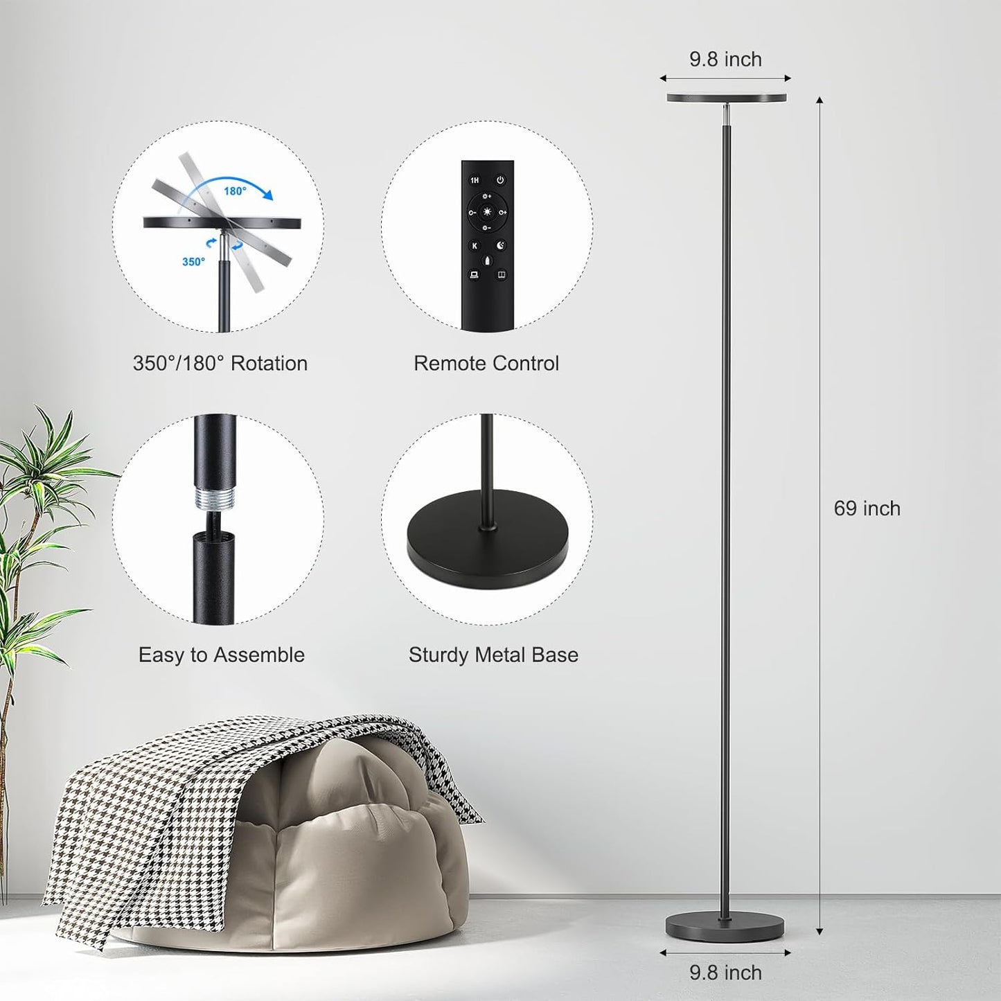 Floor Lamps for Living Room, 32W/3000LM Super Bright LED Floor Lamp with Remote Control, 69" Tall Standing Lamp with Stepless Dimmable, Modern Torchiere Corner Lamp for Bedroom, Office