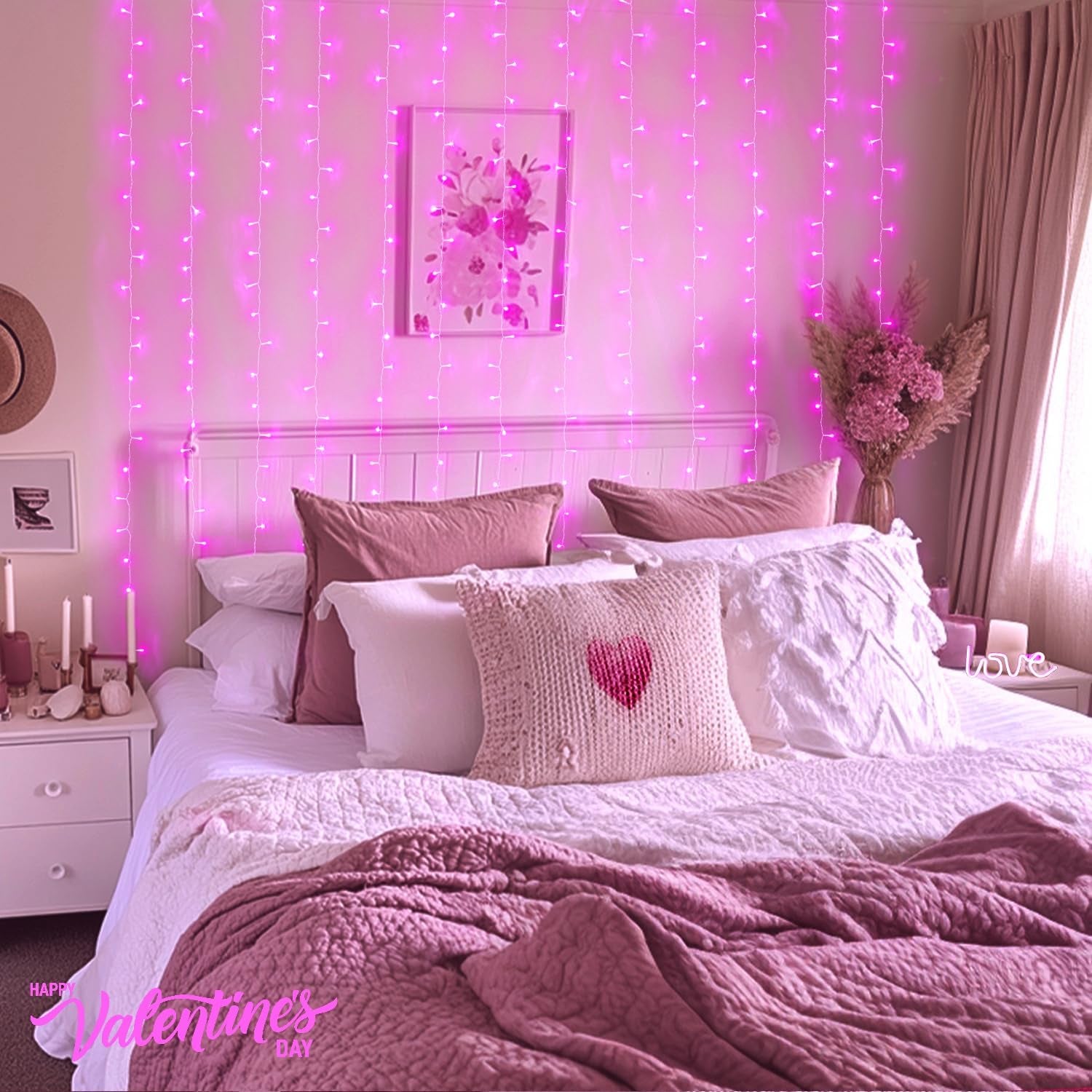 300 LED Curtain Lights Plug in with Remote, 9.8X9.8FT Pink Christmas Lights Indoor, 8 Modes Pink String Lights for Bedroom Window Wall Party Backdrop Xmas Valentine Decorations